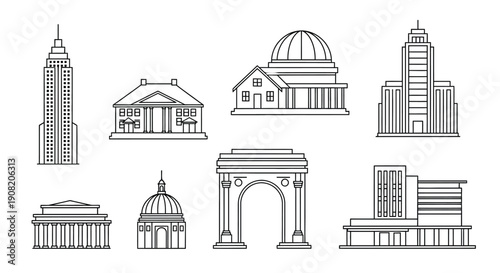 Line art illustration of famous world landmarks and architectural structures
