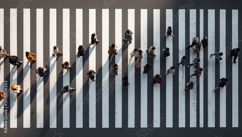 Overhead view of pedestrians crossing a busy street on a zebra-striped crosswalk