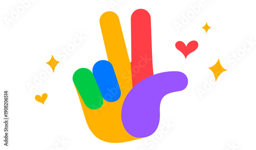 Hand sign Love, Peace, Victory. Fun Sticker. Design cartoon sticker, pin, badge love you, victory, peace. Colorful fun sticker, hand up sign I Love You, Peace or Victory. Vector Illustration