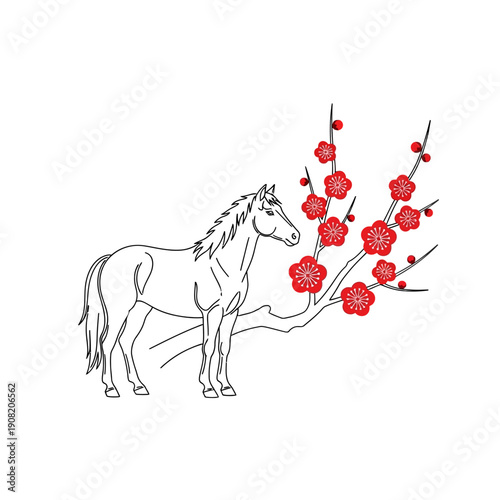 Elegant Line Art Illustration of a Gallant Horse Standing Beside a Branch Adorned with Vibrant Red Plum Blossoms, Symbolizing Grace and Spring Awakening