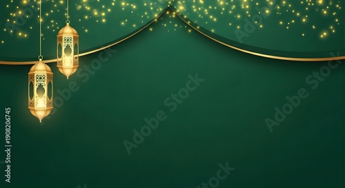 Elegant emerald background with golden hanging lanterns and decorative golden drapes