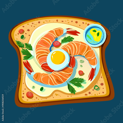 Artisan toast topped with smoked salmon boiled eggs and fresh herbs for a nutritious morning meal - Vector Illustration