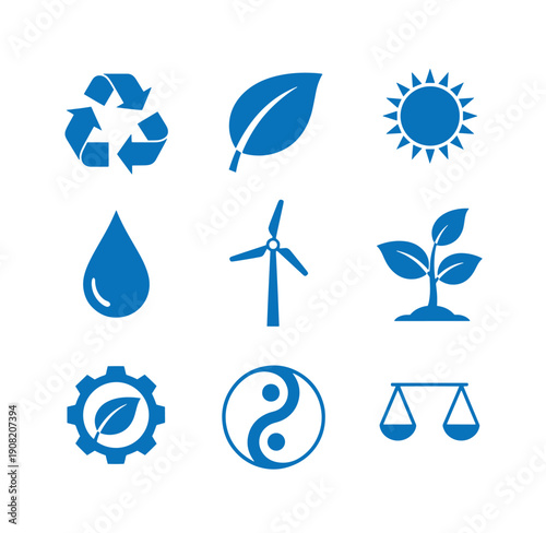 Blue eco friendly icons set including recycling symbol leaf sun water drop wind turbine plant gear with leaf yin yang and scales on white background