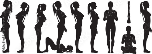 Silhouettes of women in various poses and outfits displayed