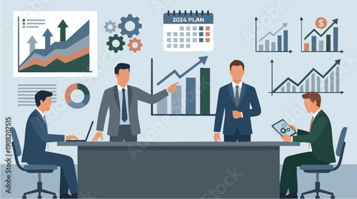 Businessmen in meeting with graphs.