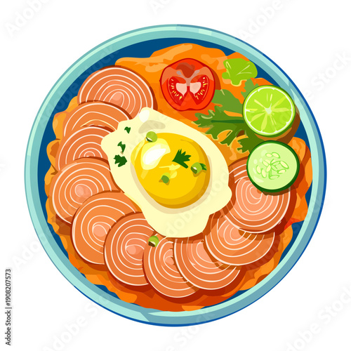 Gourmet salmon platter with eggs vegetables and fresh greens for a balanced diet meal plan - Vector Illustration