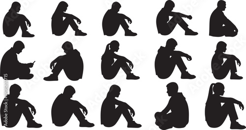 Collection of black silhouettes of people in various poses sitting