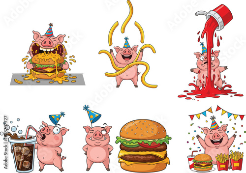 Funny cartoon pigs eating burgers, fries, drinking soda, celebrating with fast food, ketchup splash, junk food party, birthday meal illustration