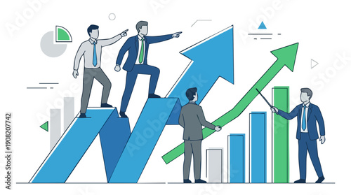 Businessmen on growing graph chart.