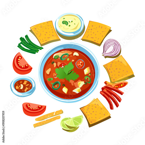 Gourmet appetizer platter with red dip crackers and fresh vegetables for a party snack idea - Vector Illustration
