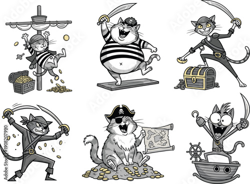 Funny cartoon pirate cats with swords, treasure chests, gold coins, pirate hats, sailing ships, map, adventure, humorous feline characters