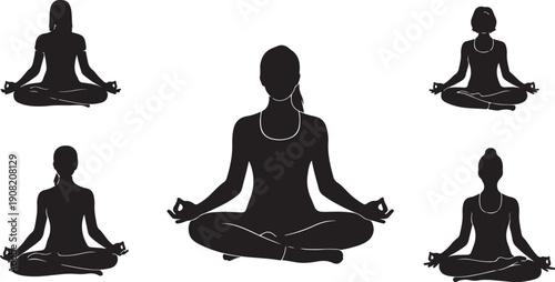 Silhouette of woman practicing yoga in various meditation poses