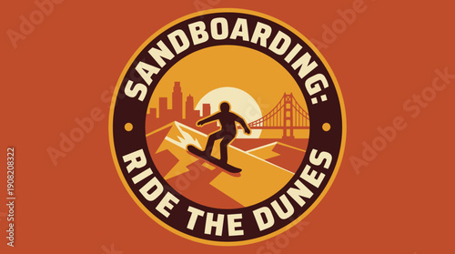 Circular emblem of an extreme sandboarding adventure with a city skyline and sunset background