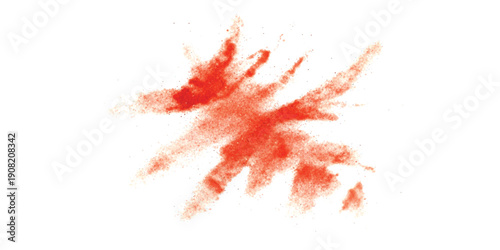 Red powder explosion on white background, creating a dynamic abstract artistic effect.