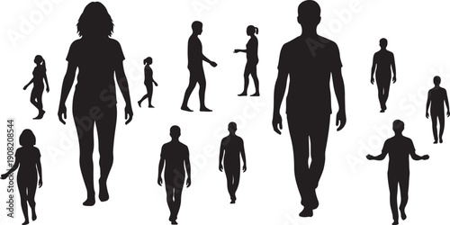 Silhouettes of people walking in various directions together freely