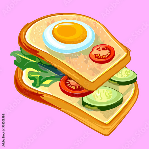 Double decker sandwich with egg tomatoes and cucumber slices for a protein rich breakfast meal - Vector Illustration