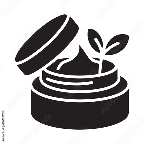 Black and white illustration of an open cosmetic jar with plant