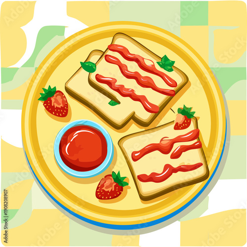 Plate of toasted bread slices with strawberry toppings served with a side of dipping sauce - Vector Illustration