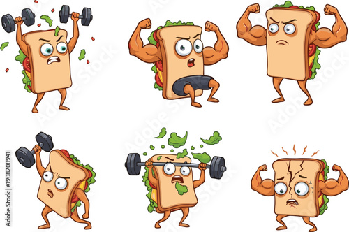 Funny cartoon sandwich characters weightlifting, gym workout poses, strong sandwich illustrations, fitness sandwich mascot, healthy lifestyle food cartoon design