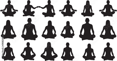 Silhouettes of people meditating in various yoga poses together
