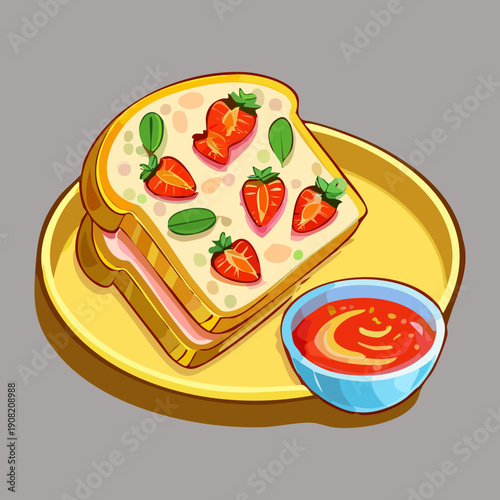 Toasted bread with sliced strawberries and cream served on a yellow plate with dip bowl - Vector Illustration