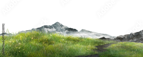 mountain landscape with mountains/Green meadow with a natural path leading toward rocky mountains, isolated on white background, ideal for landscape banners, travel concepts, and outdoor background de