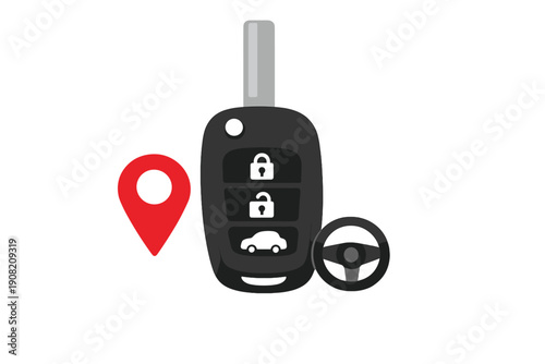 A flat vector illustration featuring a black car key fob with lock and unlock icons, a red location pin, and a steering wheel icon, all set against a solid black background.