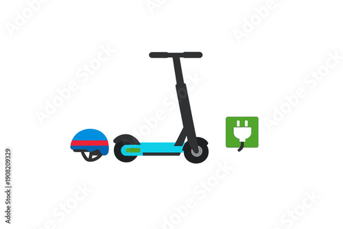 This flat vector illustration shows a cyan electric kick scooter, a blue safety helmet with a red stripe, and a green charging plug icon, all set against a solid black background.