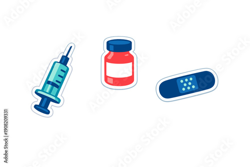 A collection of three medical icons including a blue syringe, a red medicine bottle with a white label, and a blue adhesive bandage, all designed in a flat sticker style on a black background.