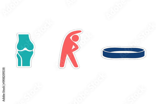 This image features three distinct icons on a black background: a teal knee joint, a red figure performing a side stretch, and a dark blue resistance band for exercise.