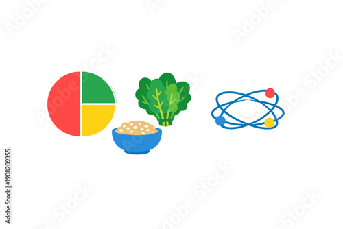 A flat vector illustration featuring a colorful pie chart, a bunch of green leafy vegetables, a bowl of grains, and a scientific atom symbol with an eye in the center on a white background.