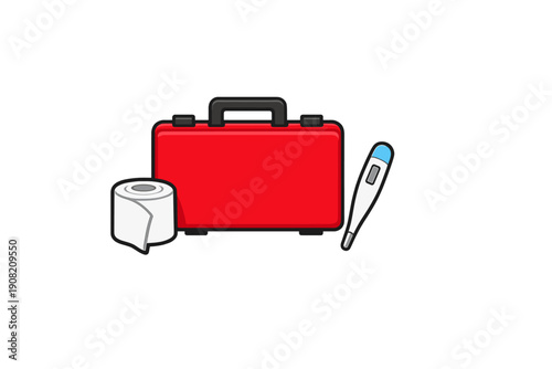 A red first aid kit sits next to a roll of white medical bandage and a digital thermometer. This cartoon illustration represents emergency medical supplies on a black background.