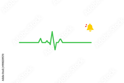 A green electrocardiogram line showing a heartbeat pulse on a solid black background. A small yellow notification bell icon with red sound waves is positioned to the right of the wave.