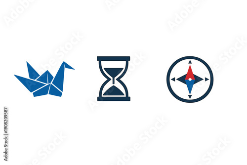 Three minimalist icons featuring a blue origami crane, a dark blue hourglass with falling sand, and a compass with a red and blue needle, all set against a solid black background.