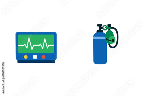 This flat vector illustration features a medical heart rate monitor with a green screen and a blue oxygen tank with an attached mask, designed for healthcare and emergency concepts.