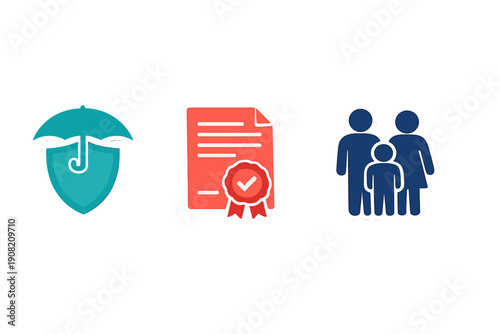 This illustration features three distinct icons for insurance services: a teal shield with an umbrella, a red document with a seal, and a blue family silhouette on black.