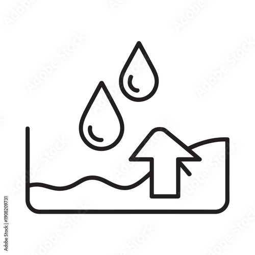 Water droplets falling onto a surface with an upward pointing arrow