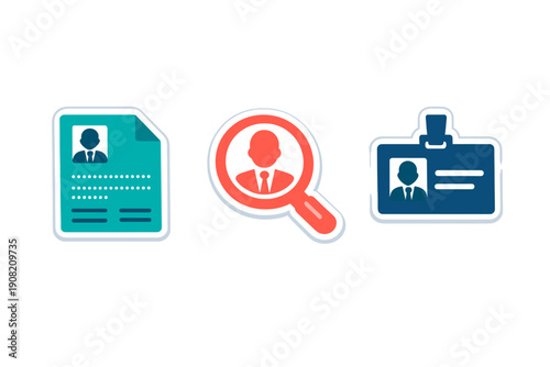 Three stylized icons representing human resources and recruitment processes, including a resume document, a magnifying glass searching for a candidate, and an identification badge.
