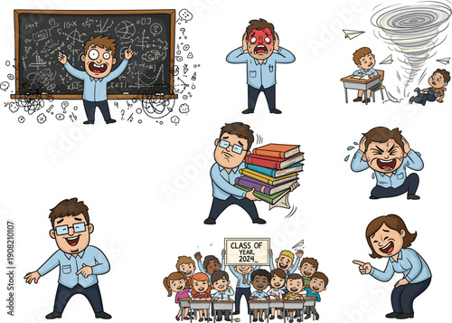 Funny cartoon teacher and students classroom chaos, school stress, education humor, teacher emotions, children behavior, comic school scene, vector illustration