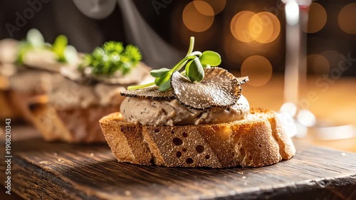 A close-up shot of gourmet pâté crostini topped with fresh microgreens, served elegantly on a dark wooden board, conveying a warm and luxurious dining mood in a restaurant setting.