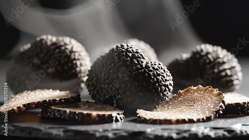 A dramatic close-up captures luxurious whole and thinly sliced black truffles displayed on a dark slate surface against a black studio background with subtle rising smoke.