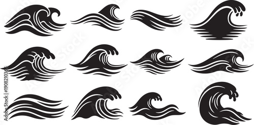 Collection of various wave icons in black and white