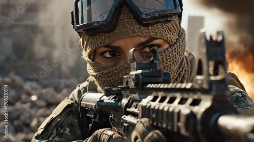 A gritty, close-up, cinematic shot of a determined female soldier aiming her assault rifle through the sight in a destroyed urban war zone.
