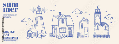 Lighthouse vector design. Sketch light house and sea beacon illustration. Nautical marine tower icon. Lighthouse set, water and ship beacon poster. Vintage simple drawing. Kid crayon sketch bg