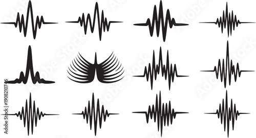 Sound wave patterns and audio signal icons on white