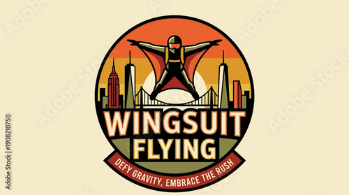 Retro emblem of a wingsuit flyer soaring over a modern city skyline at sunset, an extreme sport concept