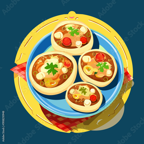 Plate of four small gourmet dishes or appetizers served together for a variety tasting menu experience - Vector Illustration