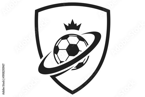 Dynamic black and white vector illustration of a regal football crest, featuring a celestial orb design and a crown, symbolizing victory and competitive spirit in sports and global athleticism