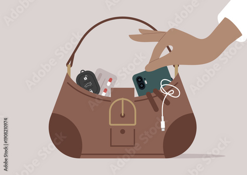A hand delicately takes out personal items from a fashionable bag, Among the contents are keys, a smartphone, and earphones, ideal for a day on the go in the city.