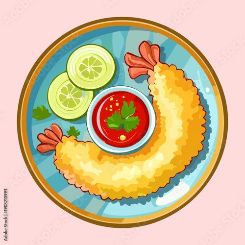 Plate of golden fried shrimp tempura served with cucumber slices and a red dipping sauce bowl - Vector Illustration